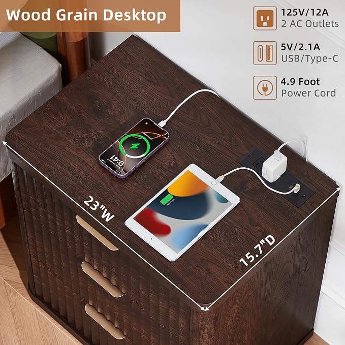 LEYAOYAO Fluted Farmhouse Nightstand Set of 2 with Charging Station, 23" Wide 3 Drawers Night Stand,Walnut Dresser for Bedroom,Bed Side Table Chest of Drawers,Wood End Table for Living Room - Image 6