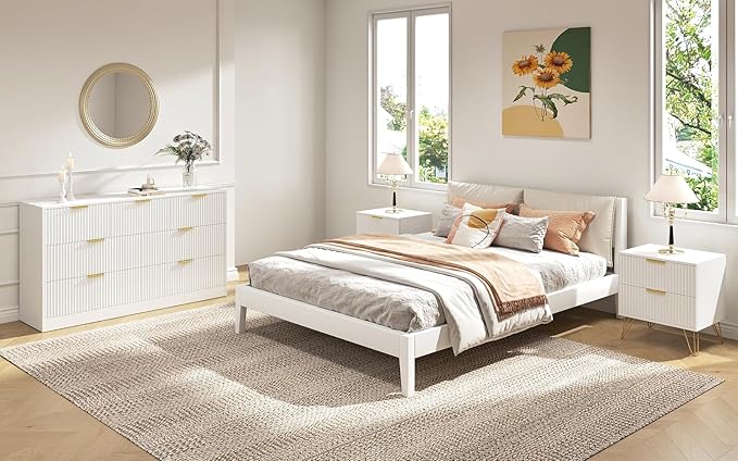 7 Drawer Dresser and Nightstand Sets, 3 Pcs Bedroom Set for Bedroom, Fluted Night Stand Set of 2 & 55" Wide Dresser w/Gold Handles, Modern Wood Chest of Drawers Storage Cabinet Set, White