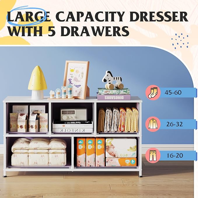 WLIVE Dresser for Bedroom with 5 Drawers, Wide Chest of Drawers, Fabric Dresser, Storage Organizer Unit with Fabric Bins for Closet, Living Room, Hallway, Tie-dye Print (Pink, Purple, Blue) - Image 4