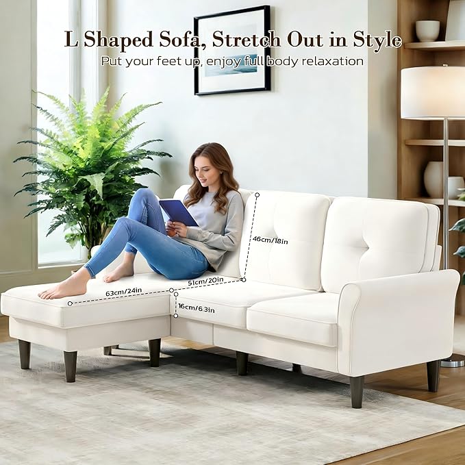 Sofas for Living Room, 83" Velvet Sectional Couch with Moveable Ottoman, Midcentury Modern Small Sectional Couch, L Shape Sofa & 3 Seater, Couches for Living Room, Apartment, Bedroom, Beige