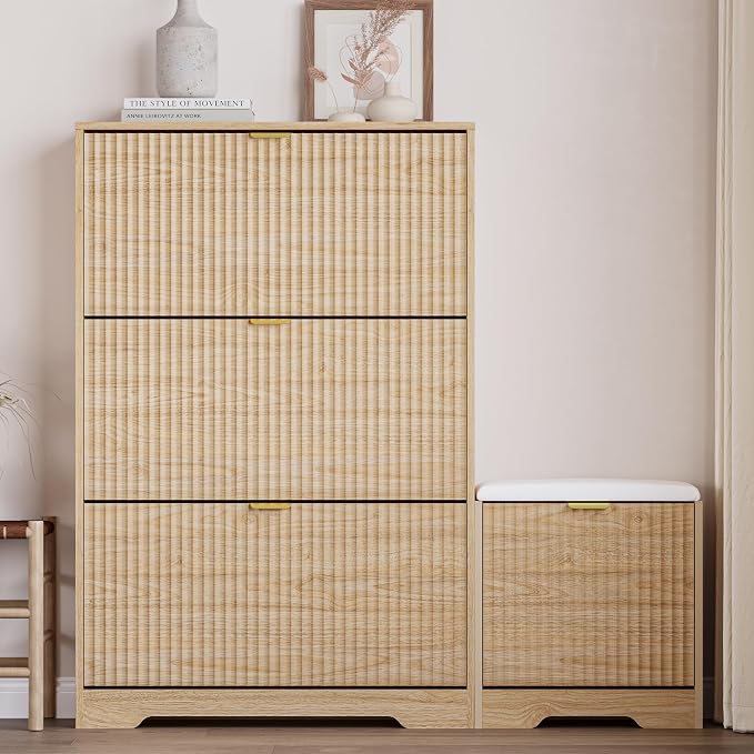 BORNOON Slim Shoe Cabinet with Bench for Entryway, Hidden Storage and Adjustable Shelves, Free Standing Wooden Shoes Organizer for Hallway, Foyer - Image 6