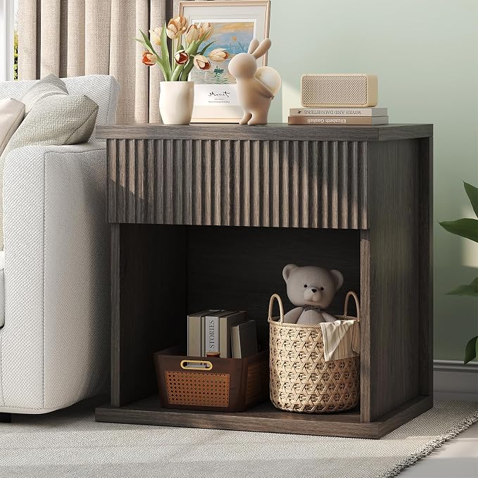 UNIQUITE Fluted Nightstand, 22.8" Wide Nightstands with Drawer Storage Large Wood BedsideTable Night Stand for Bedroom, Grey Oak by UNIQUITE