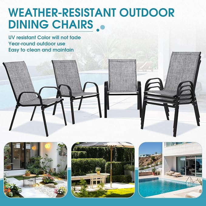 Outdoor Stackable Chairs Set of 6, Stacking Patio Chairs with Textilene Fabric, Outside Furniture for Garden Backyard Balconie Poolside Deck, Grey - Image 7