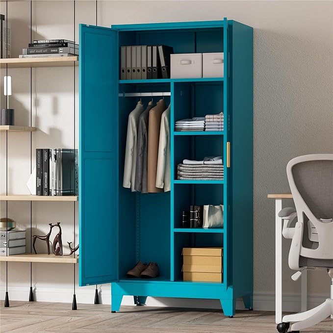 LCAOPC 71" Tall Metal Wardrobe Closet with Adjustable Shelves and Hanging Rod, 2 Doors Office Storage Locker Cabinet for Home, Office, Bedroom, Laundry Room, Blue