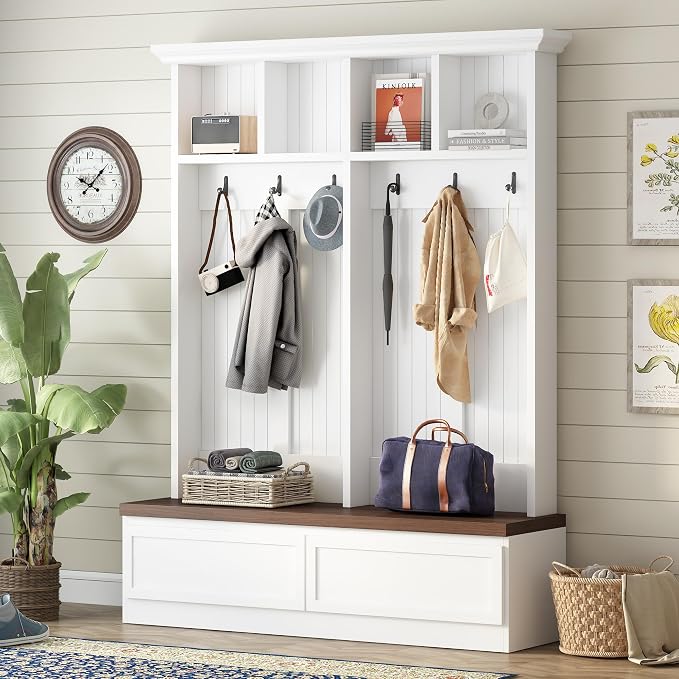 Merax Wood Hall Tree Entryway Bench with 6 Hooks, Farmhouse Mudroom Versatile Coat Racks with 2 Large Drawers Entrance Organizer for Hallway White by Merax