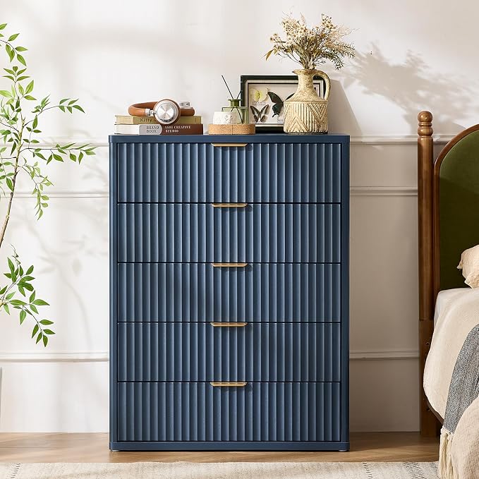 LEYAOYAO Fluted 5 Drawers Dresser for Bedroom Set of 2, 41" Tall Modern Chest of Drawers with Metal Handle, Curved Profile Design,Blue Wood Drawer Organizer for Bedroom, Living Room, Hallway - Image 5