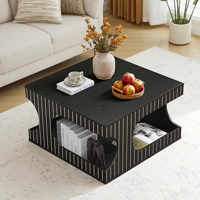 Square Coffee Table with Storage, 31.5" Hollow Cube Coffee Table, 2-Tier Mid-Century Modern Center Table with Arched Cutouts & Carved Lines for Living Room, Cat-Friendly Base (Black)