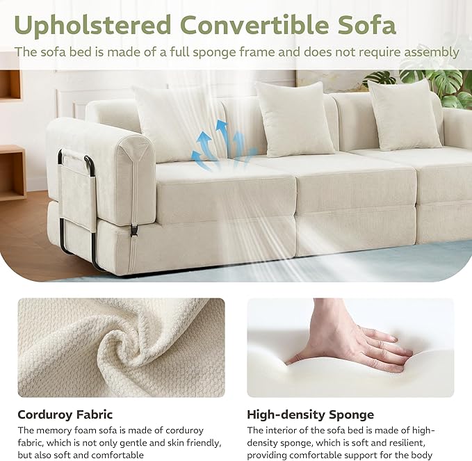 100" Convertible Sleeper Sofa Bed, Oversized Modular Sectional Cloud Sofa with Fixed-Shape Frame & Tabletop, Boneless Couch with Storage Pocket for Living Room, No Assembly Required, Beige