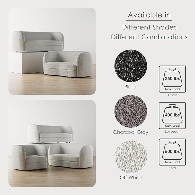 Furniture of America Nimiane Modern Boucle 3 Piece Sofa Set with Curved Arms and Wooden Legs, Accent Furniture Sets for Living Room, Home Office, Bedroom, Lounge, Off-White