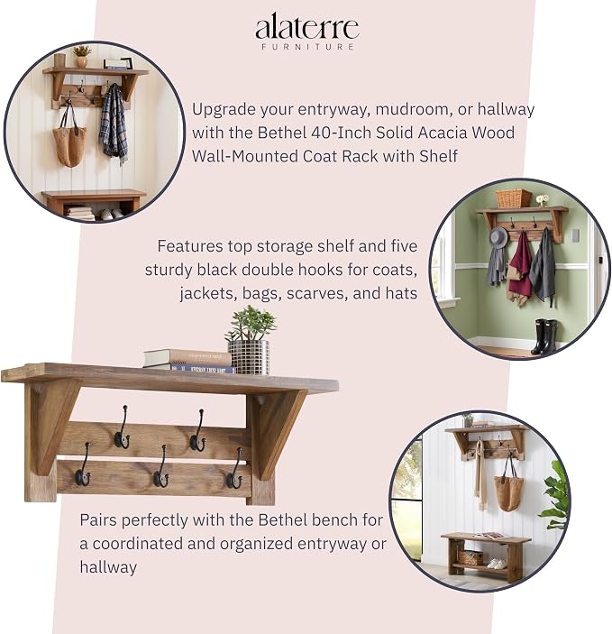 Alaterre Furniture Bethel Wall-Mounted Coat Rack with Shelf – Rustic Farmhouse 40-Inch Solid Wood Entryway Organizer with 5 Black Metal Double Hooks & Upper Storage Shelf (Natural Aged Brown) - Image 4