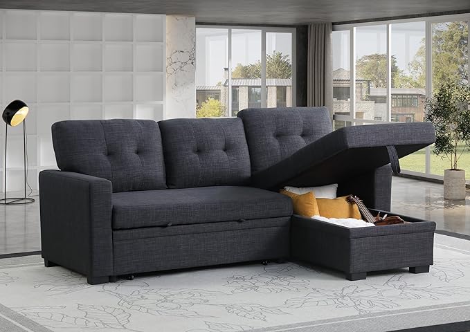 ERYE 82-inch Pull Out Sleeper Couch Bed, L-Shaped Reversible Sleeper Sectional Sofa Linen Blend Tufted Upholstered Corner Convertible Sofa Bed with Storage Chaise