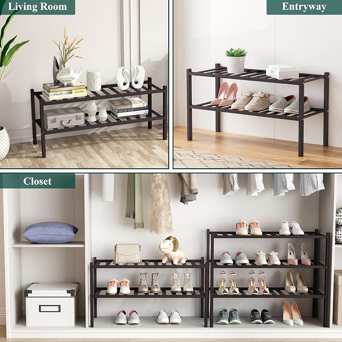 Smiry Shoe Rack, 2 Tier Bamboo Shoe Organizer, Stackable Free Standing Wooden Shoe Storage Shelf for Closet, Entryway, Front Door Entrance, Brown - Image 7