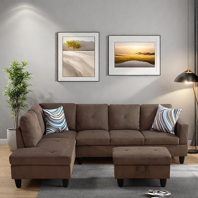 FONTOI L Shaped Sectional Couches, Modern Modular Sectional Sofa for Living Room Bedroom Furniture, Comfy 4 Seat Couch with Ottoman Storage & Chaise, Brown