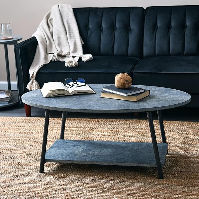 Household Essentials Jamestown Oval Coffee Table with Storage Shelf Rustic Slate Concrete and Black Metal