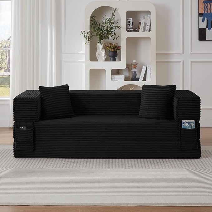 Ball & Cast Modern Upholstered Sofa with 2 Pillows,Boneless Corduroy Couch W/Deep Seat,Convertible Folding Sleeper Sofa Bed for Living Room,Bedroom,Apartment,No Assembly,Black,78"