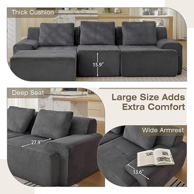 Modular Sectional Sofa, 6 Seat Modular Couch, Modular Sofa with Deep Seat and Detachable Pillow (Grey, 4 Pieces-L Shape)