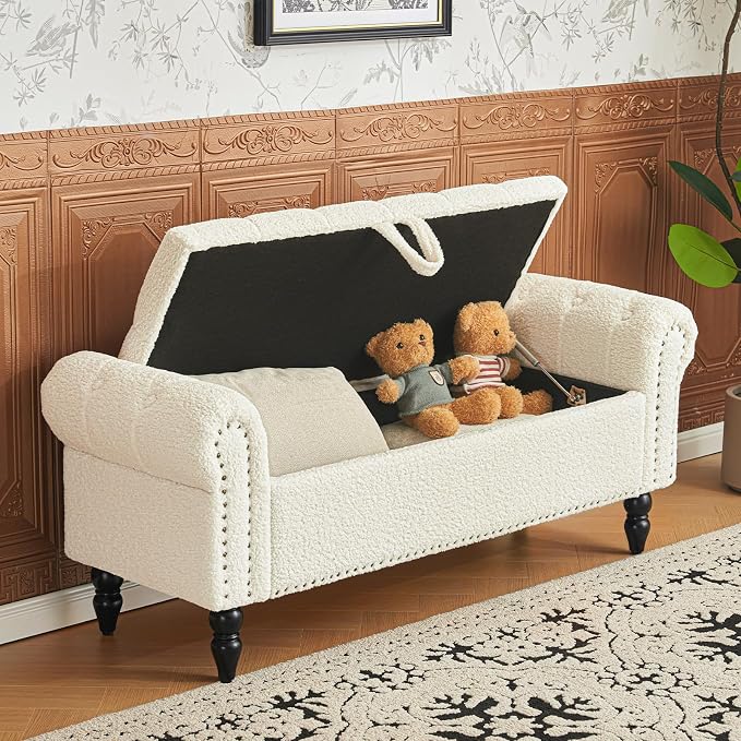 Furniliving Modern Storage Ottoman Bench, Sherpa Ottoman End of Bed Bench with Solid Wood Legs Upholstered Ottoman Benches with Storage Indoor Bench for Living Room with Rolled Arm, Entryway, White - Image 9