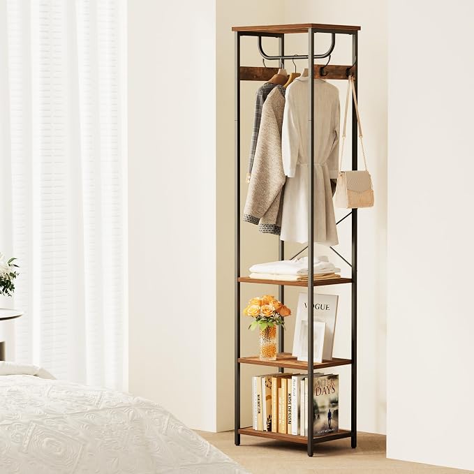 Coat Rack With Hanging Rod, Garment Rack With 3 Wooden Shelves and 4 Hooks, Freestanding Hall Tree, Industrial Clothes Rack Stand Organizer, Rustic Brown and Black - Image 2
