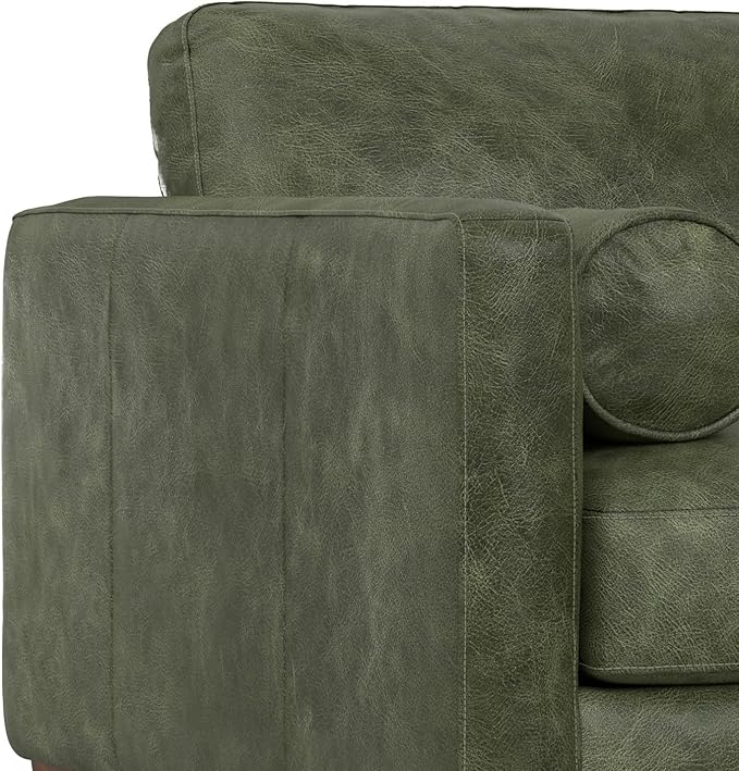 SIMPLIHOME Morrison Arm Chair - 42 inch Wide Upholstered Genuine Leather Mid-Century Modern Accent Chair in Moss Green with Solid Wood Legs, Reversible Bolster Pillows and Reclined Back