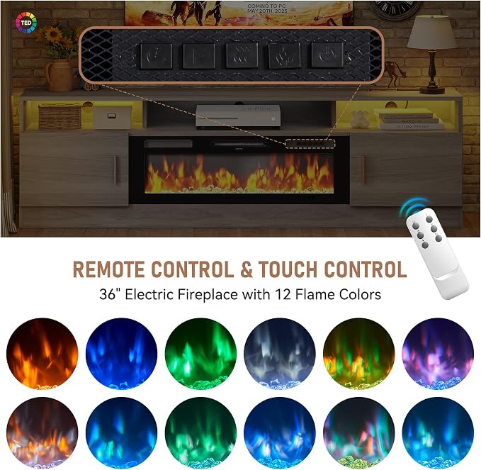 MXV 70" Fireplace TV Stand with Power Outlet for TVs UP to 80", Electric Fireplace Entertainment Center with LED Lights & Storage Cabinets, TV Console for Living Room, Office, Grey-Black - Image 6