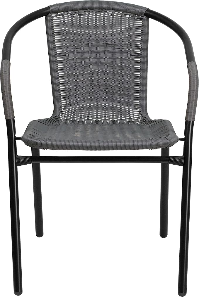 EMMA + OLIVER Set of 4 Modern Rattan Indoor/Outdoor Stack Chairs, Stacking Rattan Patio Chairs with Curved Back and Cross Bracing, Gray - Image 7