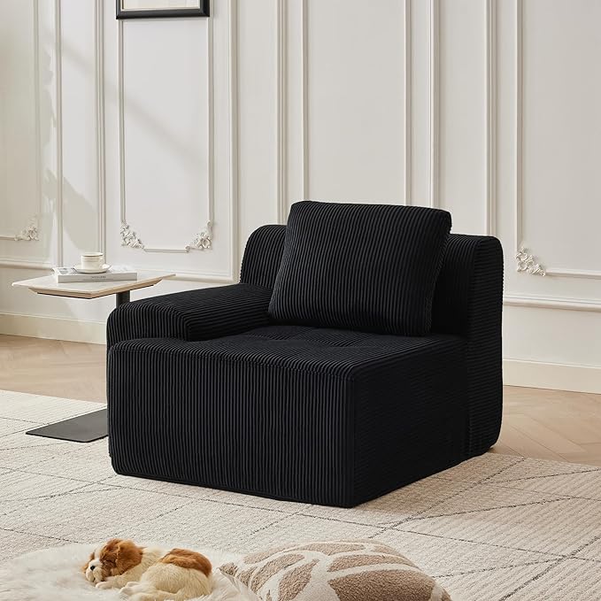 Modular Sectional Sofa with Movable Ottoman, 1 Seat Deep Seat Couch with 1 Pillow, Comfy Cloud Sectional Sofa for Living Room, Bedroom and Apartment (Black, 1 Left)