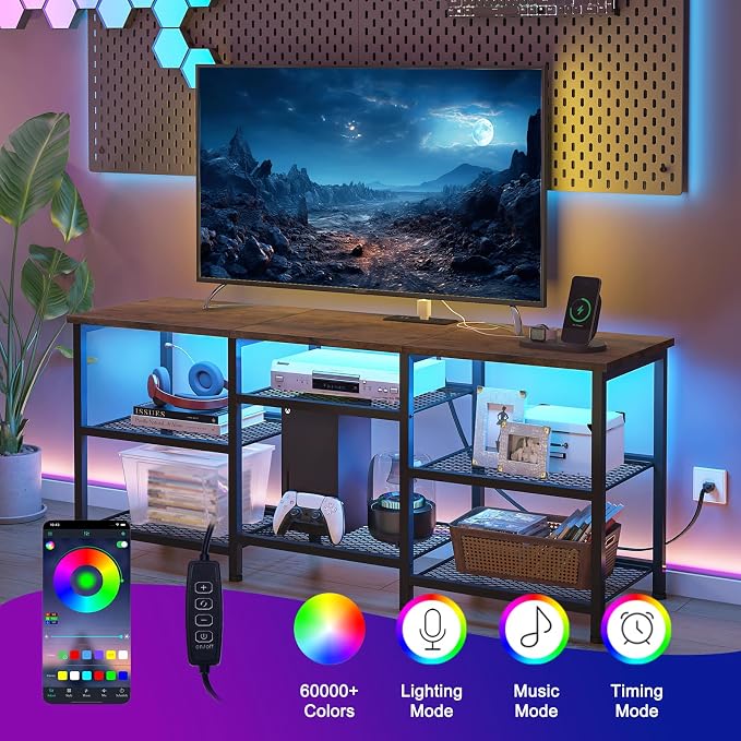 YGEOMER TV Stand for Living Room TVs Up to 55 Inches, Entertainment Center with Power Outlet and LED Lights Open Storage Shelves, TV Console for Bedroom, Rustic Brown - Image 4