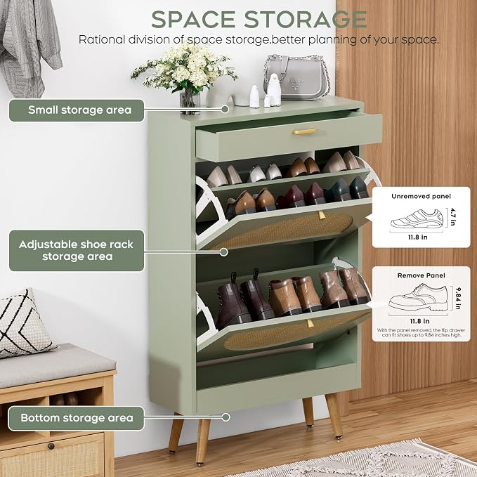 Yechen Shoe Rack Storage Organizer with 2 Natural Semi-Circular Rattan Doors, Entryway Wooden Shoe Cabinet for Sneakers, Leather Shoes, High Heels, Slippers (1 Piece, Morandi Green) - Image 4