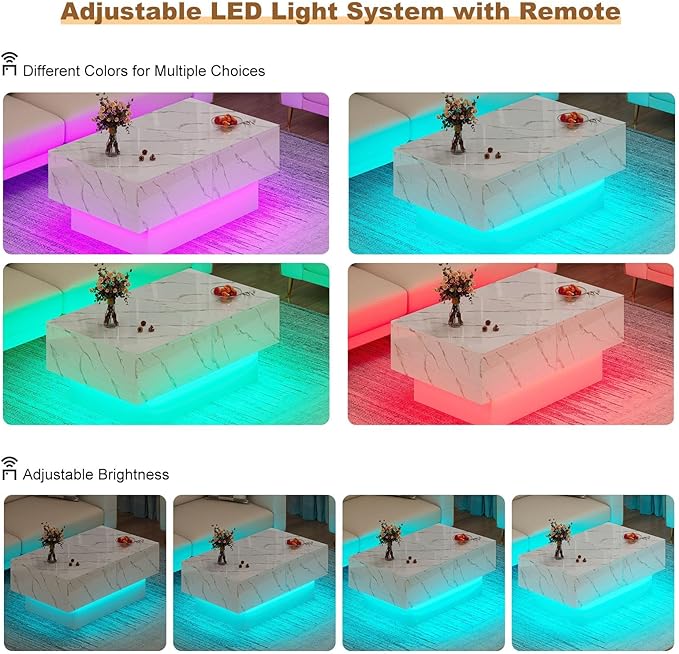 White Marble LED Coffee Table with Storage for Living Room, Living Room Table Rectangular Center Table, Modern High Glossy Wooden Coffee Tables for Dining Reception Room