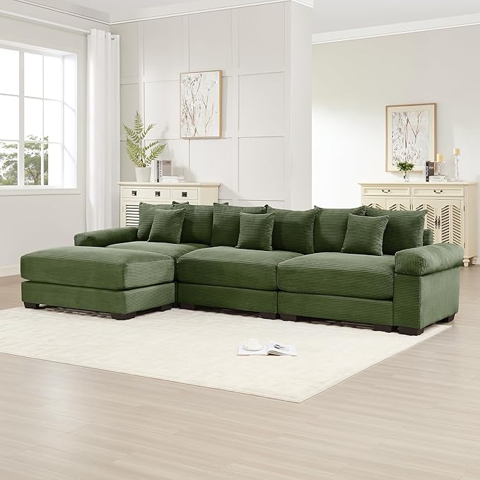 KEIKI 130" L-Shaped Oversized Corduroy Modular Cloud Sectional Sofa with 1 Ottoman, High-Density Foam Cushion, Extra-Thick Armrest, 3-Seater Fluffy Corner Couch with 9 Pillow, for Living Room, Green