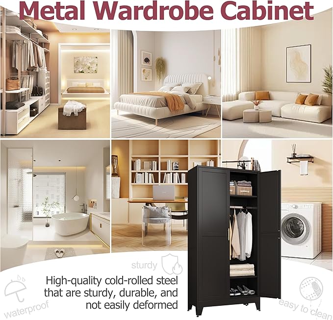 GAIOUS Metal Wardrobe Cabinet with Hanging Rod, 71" Metal Clothing Storage Cabinets with 2 Doors and Adjustable Shelves, Black Armoire Wardrobe Closet for Bedroom, Laundry Room, Cloak Room