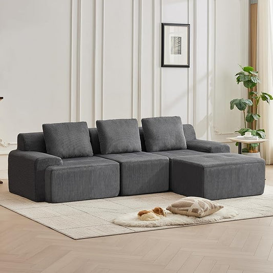 105.8'' Modular Sectional Sofa with Movable Ottoman, 3 Seat Deep Seat Couch with 3 Pillows, Comfy Cloud Sectional Sofa for Living Room, Bedroom (Grey, 1 Left+1 Right+1 Middle+1 Ottoman)