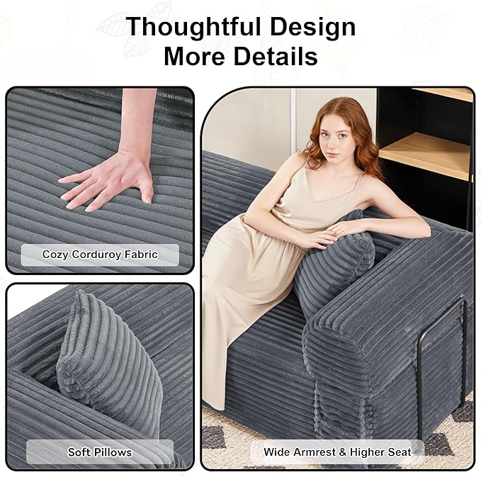 83'' Boneless Couch in A Box, No Assembly Needed Sofa Bed Couch 3 Seater Corduroy Modern Cloud Sofa 29'' Deep Seat with 2 Pillows & Removable Backrest for Living Room, Bedroom, Apartment, Gray | No Assembly Needed, High Density Foam, Removable Backrest...