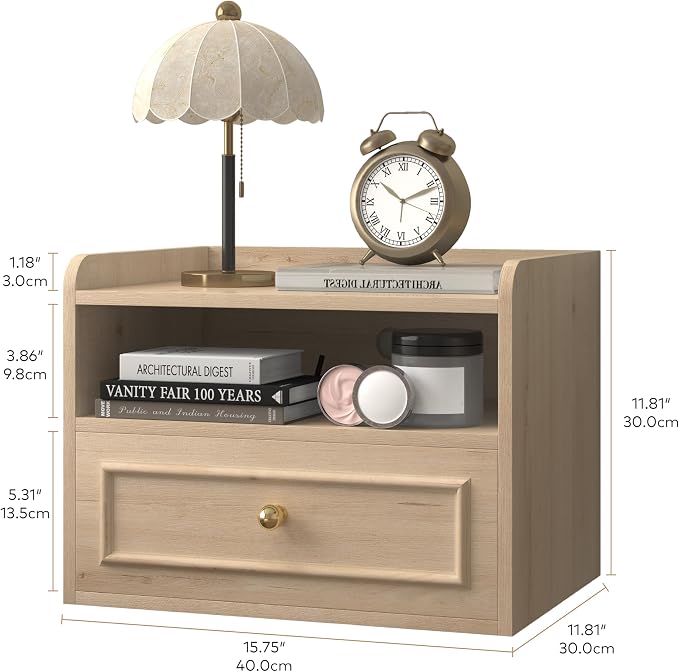 Floating Nightstand with Charging Station Set of 2, Modern Wall Mounted Bedside Tables with Drawer & Open Shelf, Modern Hanging Table with USB & Type C Ports for Bedroom, Small Spaces (White Oak) - Image 2
