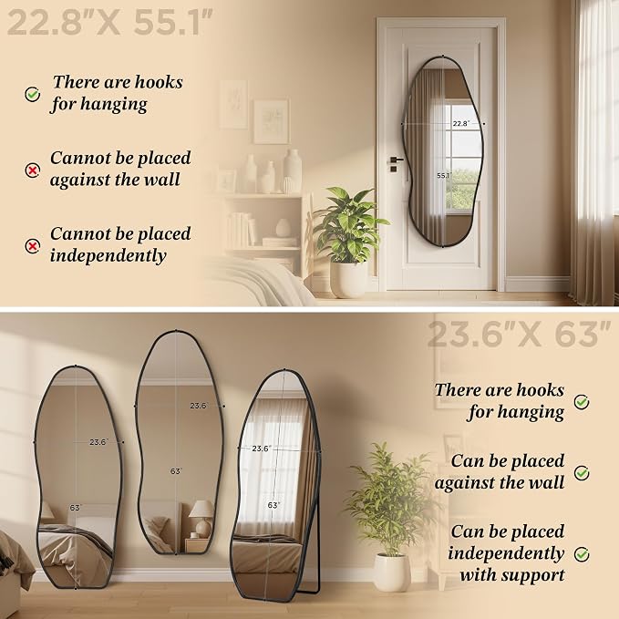 Dorlicecass Mirror Full Length - Irregular Full Body Wall Mirror Hanging 55"x 23" Asymmetrical Aviation Aluminum Alloy Frame Unique for Bedroom, Living Room, Cloakroom, Entryway - Image 5