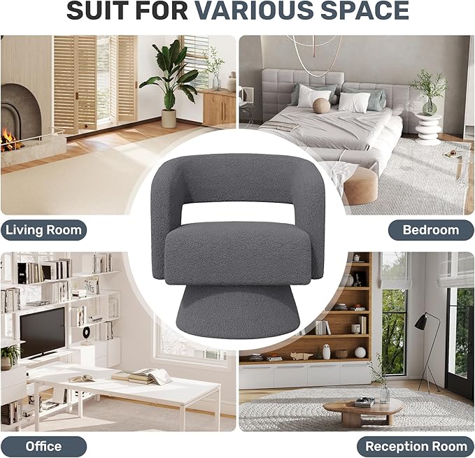 Nebuaegis Swivel Accent Chair Set of 4, Modern Comfy Teddy Barrel Chairs, Oversized Upholstered Round Arm Chair for Living Room, Bedroom, Reading Room, Dark Grey