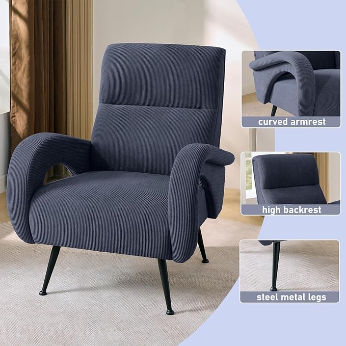 Corduroy Living Room Accent Chairs, Comfy High Back Reading Chair with Curved Arms and Solid Legs, Upholstered Armchair for Bedroom, Reading Nook, Apartment, Navy Blue