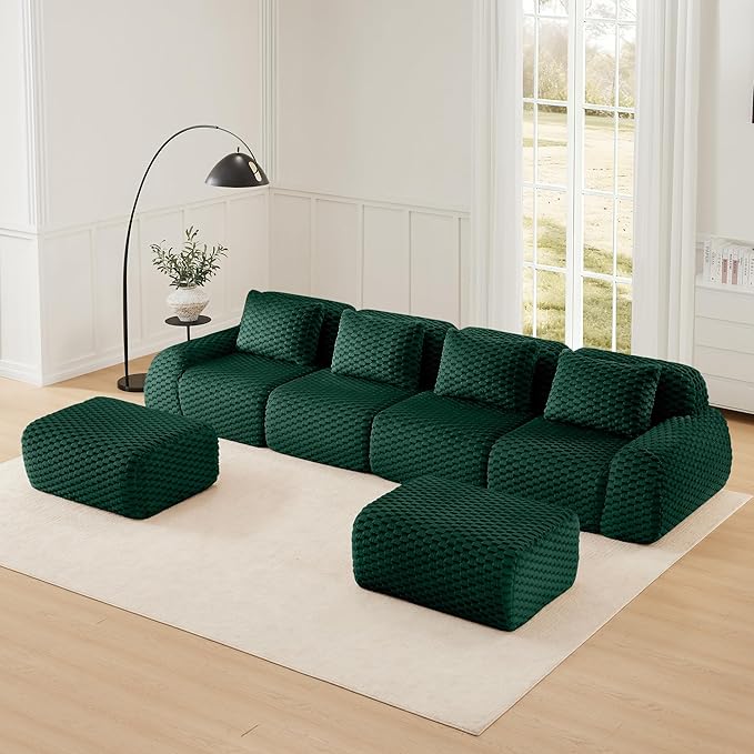 146" U-Shaped Compressed Sectional Cloud Sofa, Flannel Upholstered Modular Deep Seat Sofa with 6 Pieces, Symmetrical Boneless Foam Modular Cloud Couches for Living Room