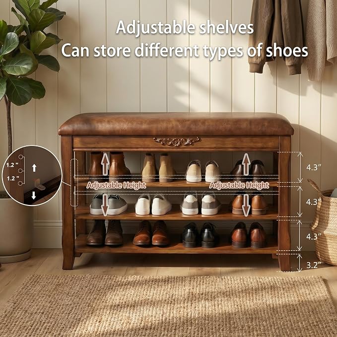 Shoe Rack Bench Entryway Storage with Leather Cushion, Shoe Organizer Bench for Entryway, Front Doors Entrances Hallway,Mudroom,Closet, Bedroom,Solidwood 3 Height-Adjustable Removable Shelve,31.5" - Image 3