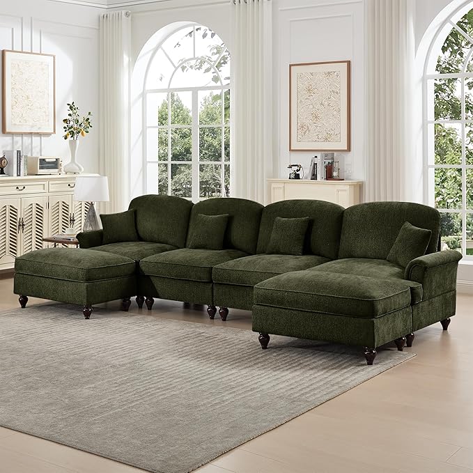 KEIKI Mid Century Modular Sofa with Flared Arms and Skirted Design, 137“ Oversized 4-Seater with 2 Ottomans Luxury Chenille U-Shaped Sectional Couches for Living Room, Chaise Lounge Indoor, Green