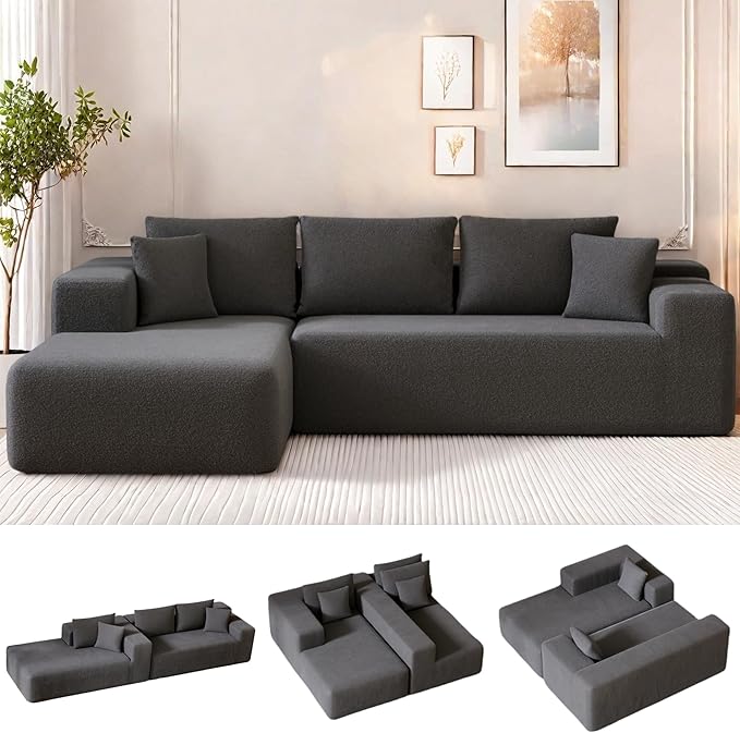 104” Sectional Cloud Couch, L-Shape Compressed Sofa with Right Chaise Lounge, Modular Cloud Couch with 2 Pillows & Deep Seat, Rain Drop Velvet Floor Sofa for Living Room, Dark Gray