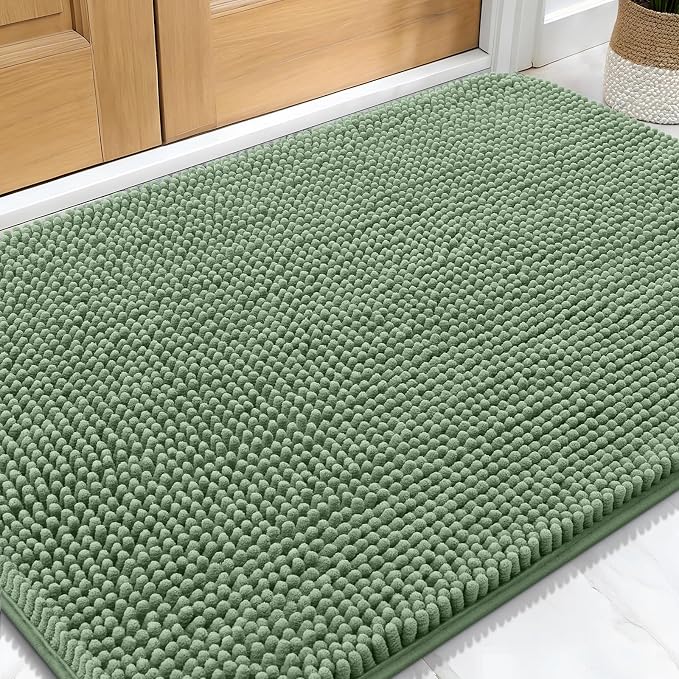 OLANLY Dog Door Mat for Muddy Paws 34x21, Absorbs Moisture and Dirt, Absorbent Non-Slip Washable Doormat, Quick Dry Chenille Mud Mat, Entry Indoor Entryway Carpet for Inside Floor, Olive Green by OLANLY