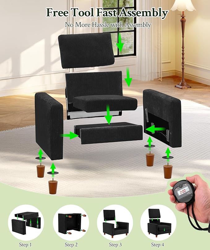 35.3" Couches for Living Room, Comfy Black Couch Single with 22.5" Deeper Seat, Accent Chair Tool-Free Setup, Reading Chair 440lbs Support, Corduroy Couch for Bedroom, Apartment, Office