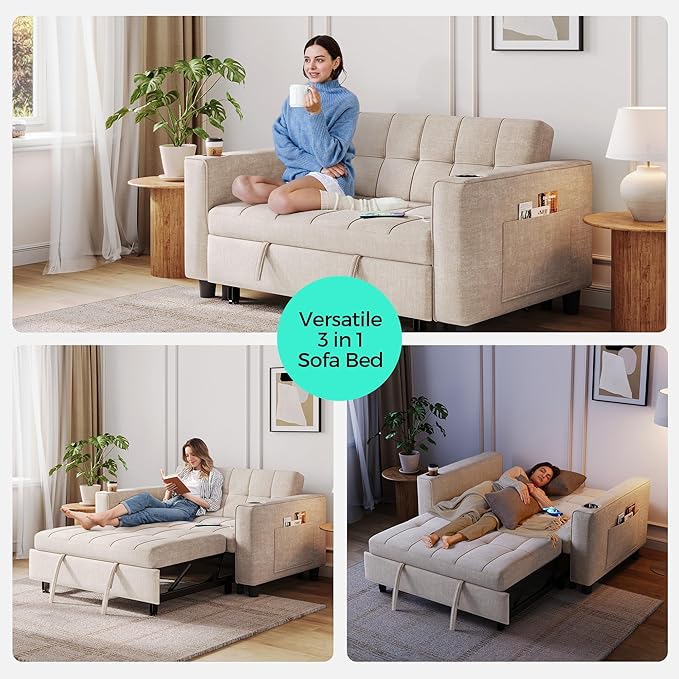 LINSY Sleeper Sofa Bed, 54" Pull Out Couch with Charging Station & Cup Holder, Small 3 in 1 Convertible Loveseat Sleeper Couch for Apartment, Dorm Room, Bedroom and Small Space, Chenille Beige