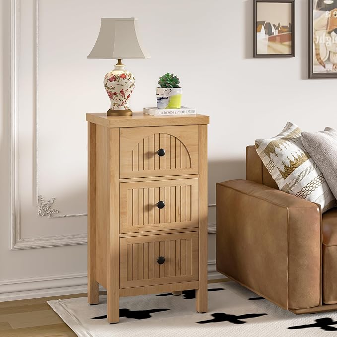 Nightstands Set of 2 Side Table with Fluted Drawers,Mid Century Modern Nightstand,29.33‘’ Tall Wood Bedside Table with 3 Drawer,Narrow Bed Side Table for Bedroom,Small Space,Oak, 2 Piece - Image 6