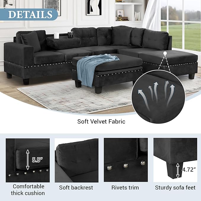 Ball & Cast L-Shape Sectional Couch with Storage Ottoman,105" Couches for Living Room W/ 2 Pillows & Cup Holders,6 Seat Velvet Sleeper Sofa W/Reversible Chaise,Comfy Couches for Apartment,Black
