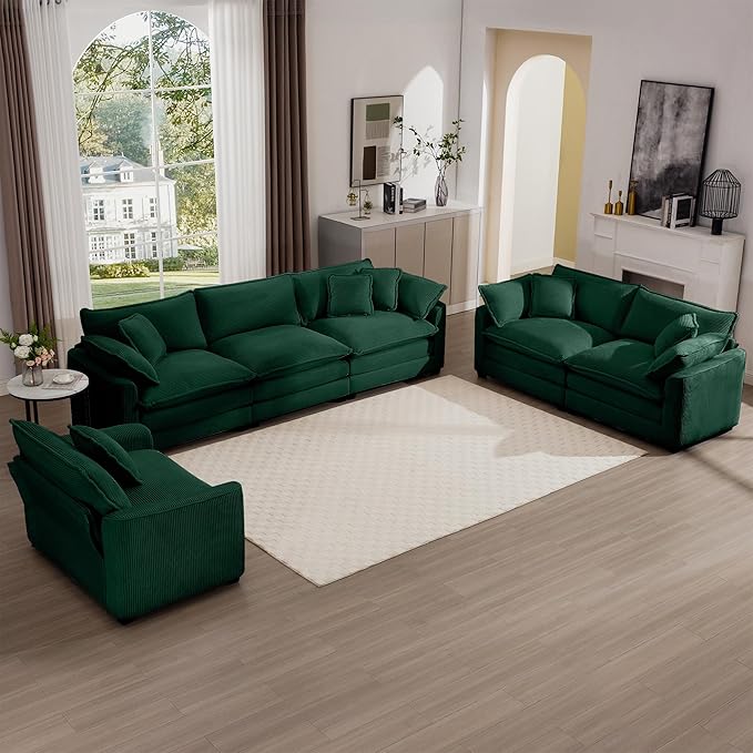 KEIKI 3-Piece Sofa Set with 1 Oversized Corduroy 3-Seater Sofa & 1 Loveseat & 1 Single Sofa, Upholstered 6-Seater Couch Set with 10 Pillow, High-Density Foam Cushions, for Living Room, Green
