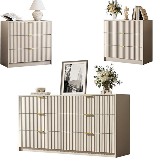 MAISONARIA 3-Piece Dresser Bedroom Set, 6 Drawer Dresser & 3 Drawer Nightstands with Gold Handles, Fluted Wood Chest of Drawers for Bedroom, Living Room, Entryway, Beige