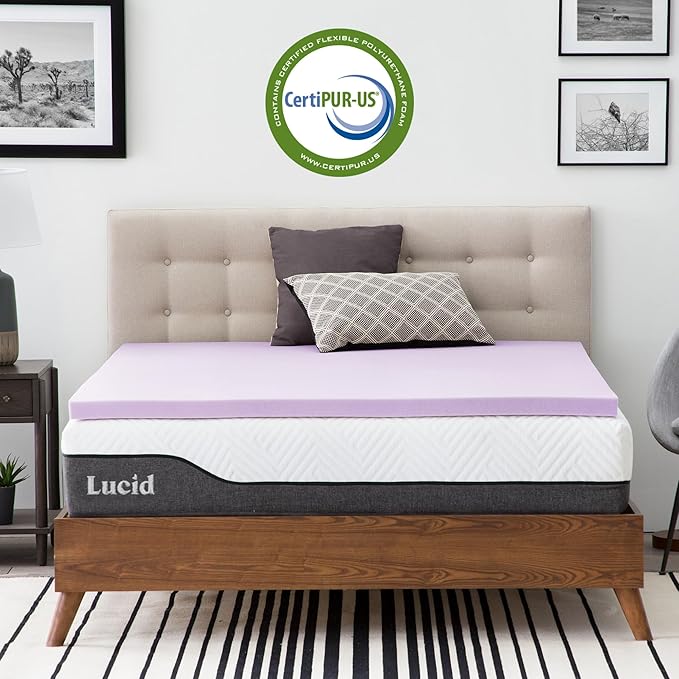 Lucid 2 Inch Lavender Memory Foam Mattress Topper, King Size – Essential Oil Infusion – Plush Feel, Pressure-Relieving Bed Topper – Ventilated and Breathable – CertiPur Certified