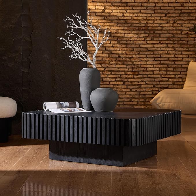 WILLIAMSPACE 35.43" Square Coffee Table with Sturdy Base, Modern Luxury Wood Drum Center Table Accent End Side Table for Living Room, Minimalist Fluted Design, Black